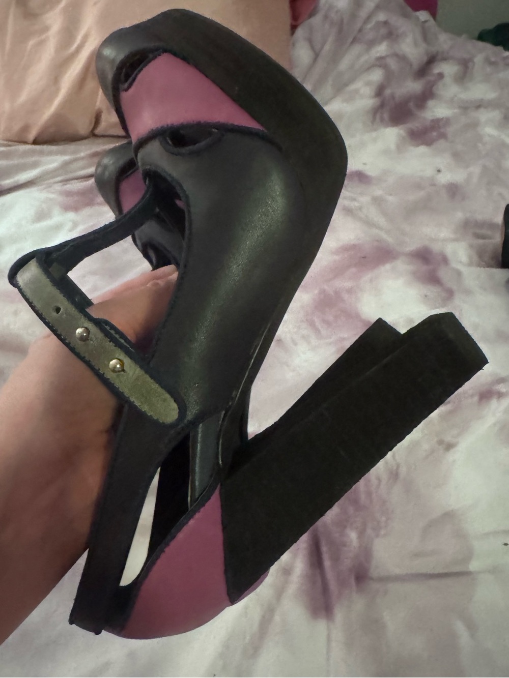 Cynthia Rowley Navy Blue, Purple and Moss Green Platform t-strap Heels - Women - Picture 6 of 7